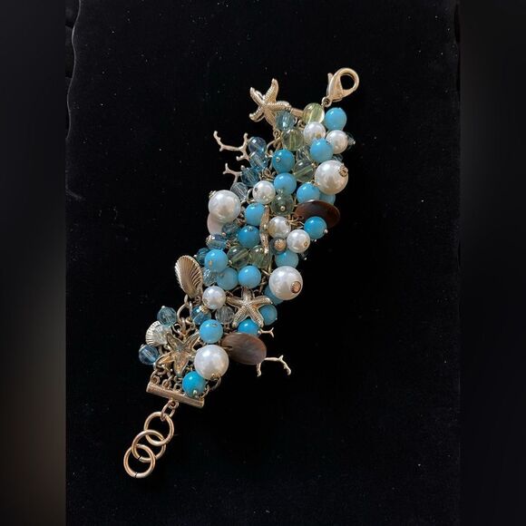 Jewelry - Turquoise Starfish Charm Bracelet, Beaded Beach Jewelry, Gift For Her, Island